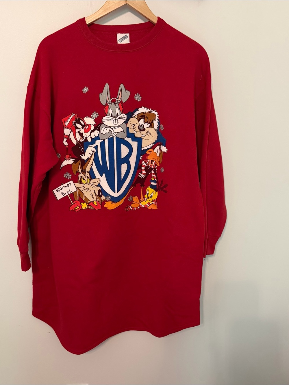 Vintage 1999 Warner Bros Looney Tunes Christmas Sweatshirt Nightshirt Red